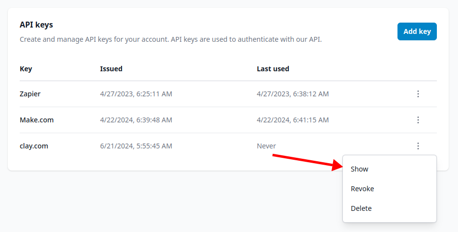 Truelist API Keys page