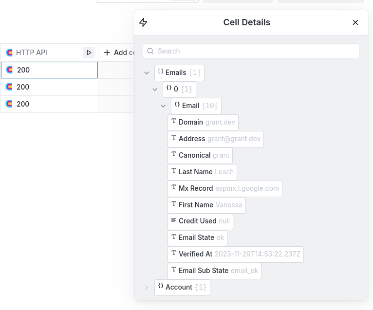 Cell details showing Truelist response