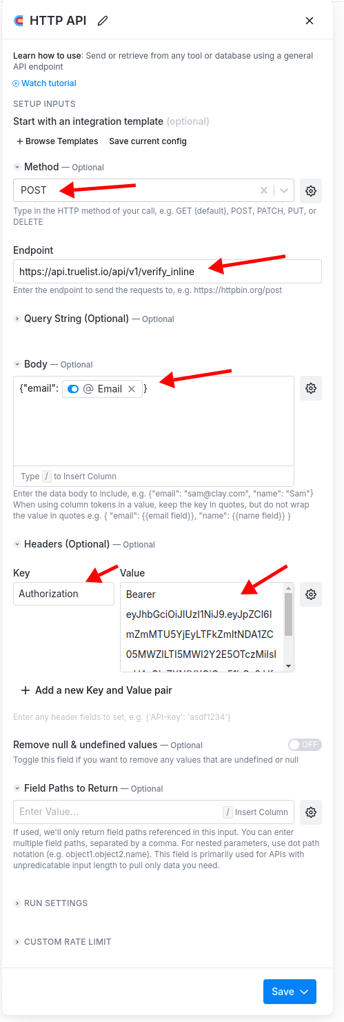 HTTP API column configuration