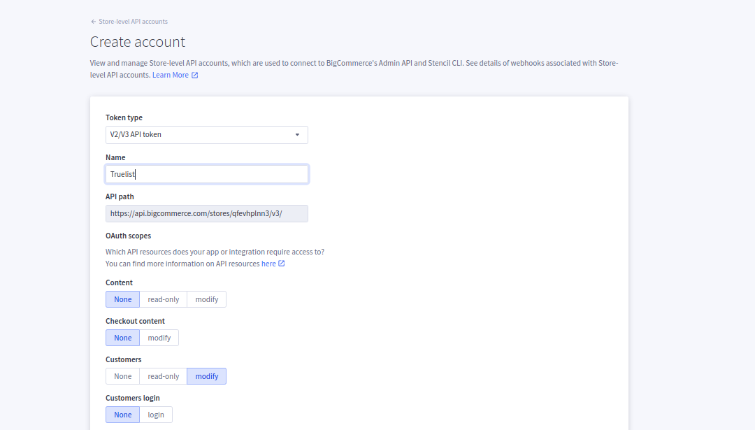 BigCommerce Create Account page with Customers scope set to Modify