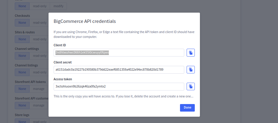 BigCommerce API credentials modal showing the Access Token
