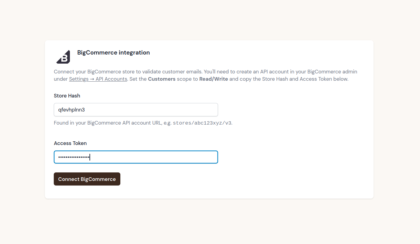 BigCommerce connection form showing Store Hash and Access Token fields