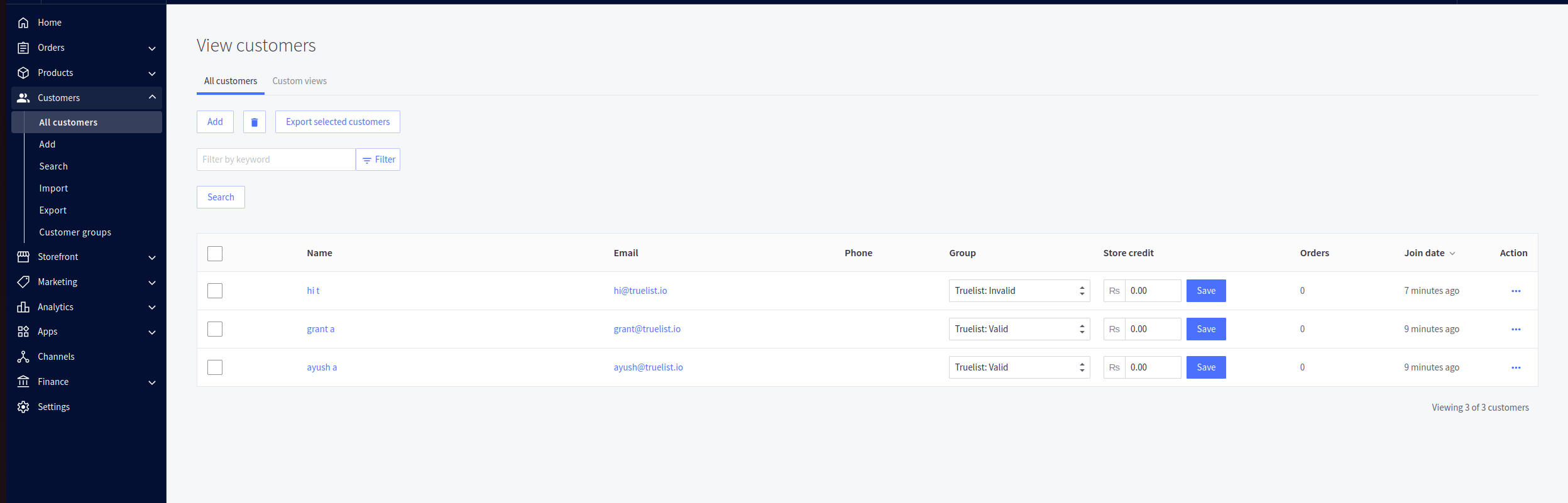 BigCommerce customers page showing customers assigned to Truelist validation groups