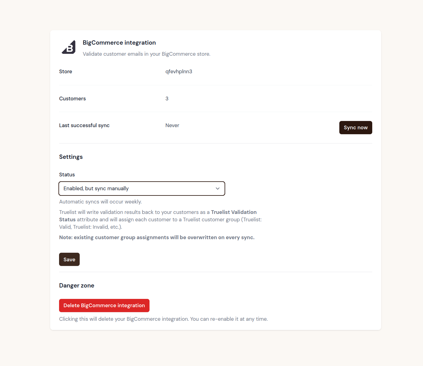 BigCommerce settings page showing store info, sync status, and sync controls