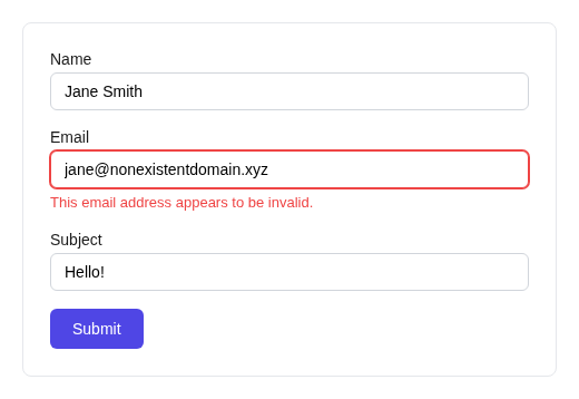 Invalid email with red border and error message
