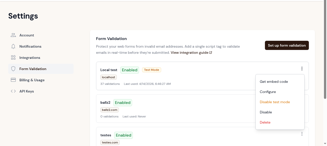 Form Validation list with dropdown menu