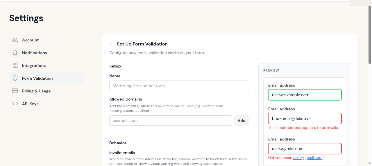 Form Validation setup page with live preview