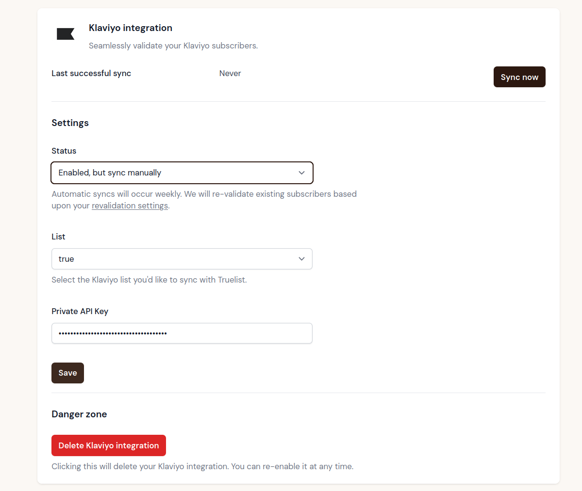 Klaviyo integration settings page