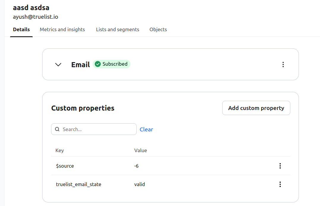 truelist_email_state custom property on a Klaviyo profile