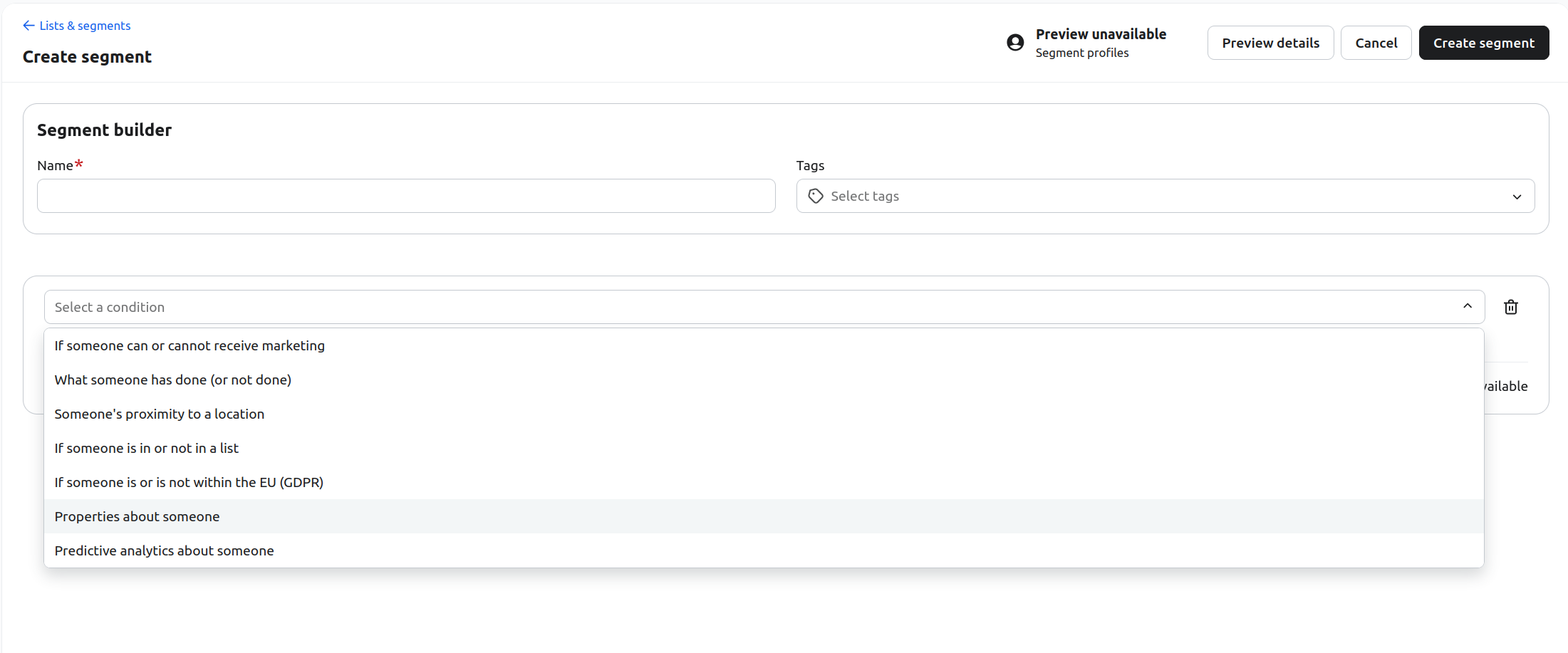 Segment builder condition types