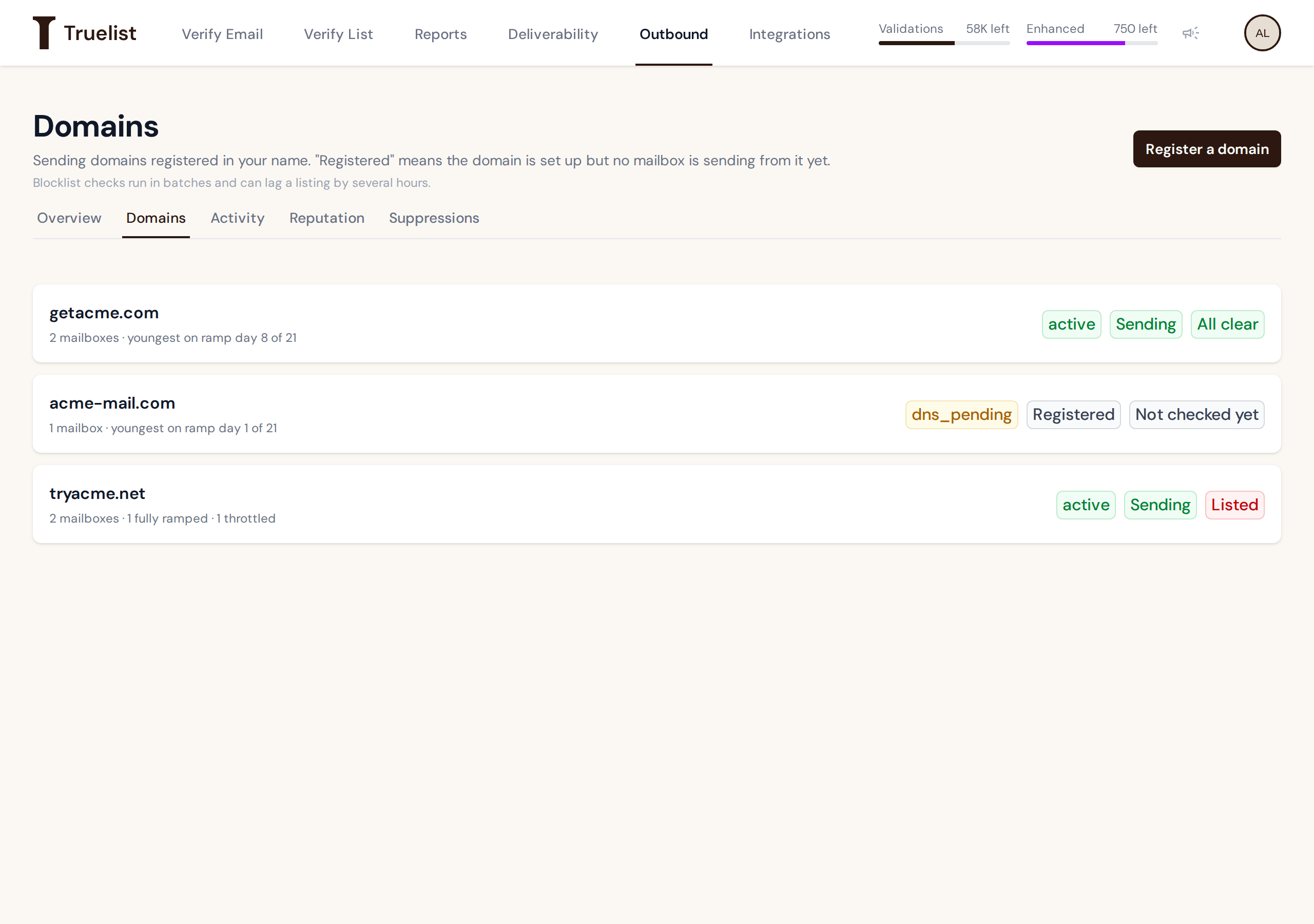 Domains list showing getacme.com, acme-mail.com, and tryacme.net with state, sending, and blocklist pills
