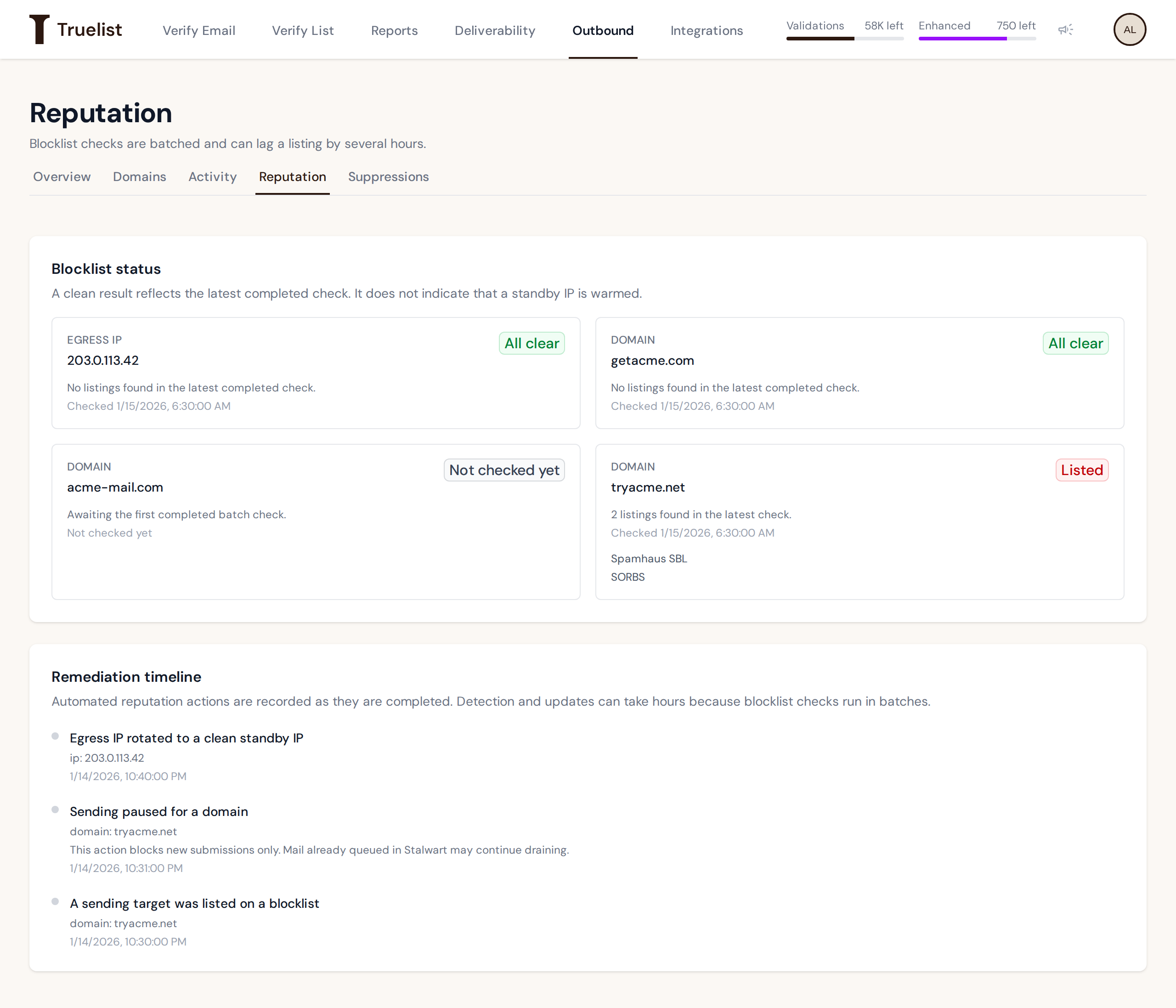 Blocklist status cards for an egress IP and three domains, plus a remediation timeline