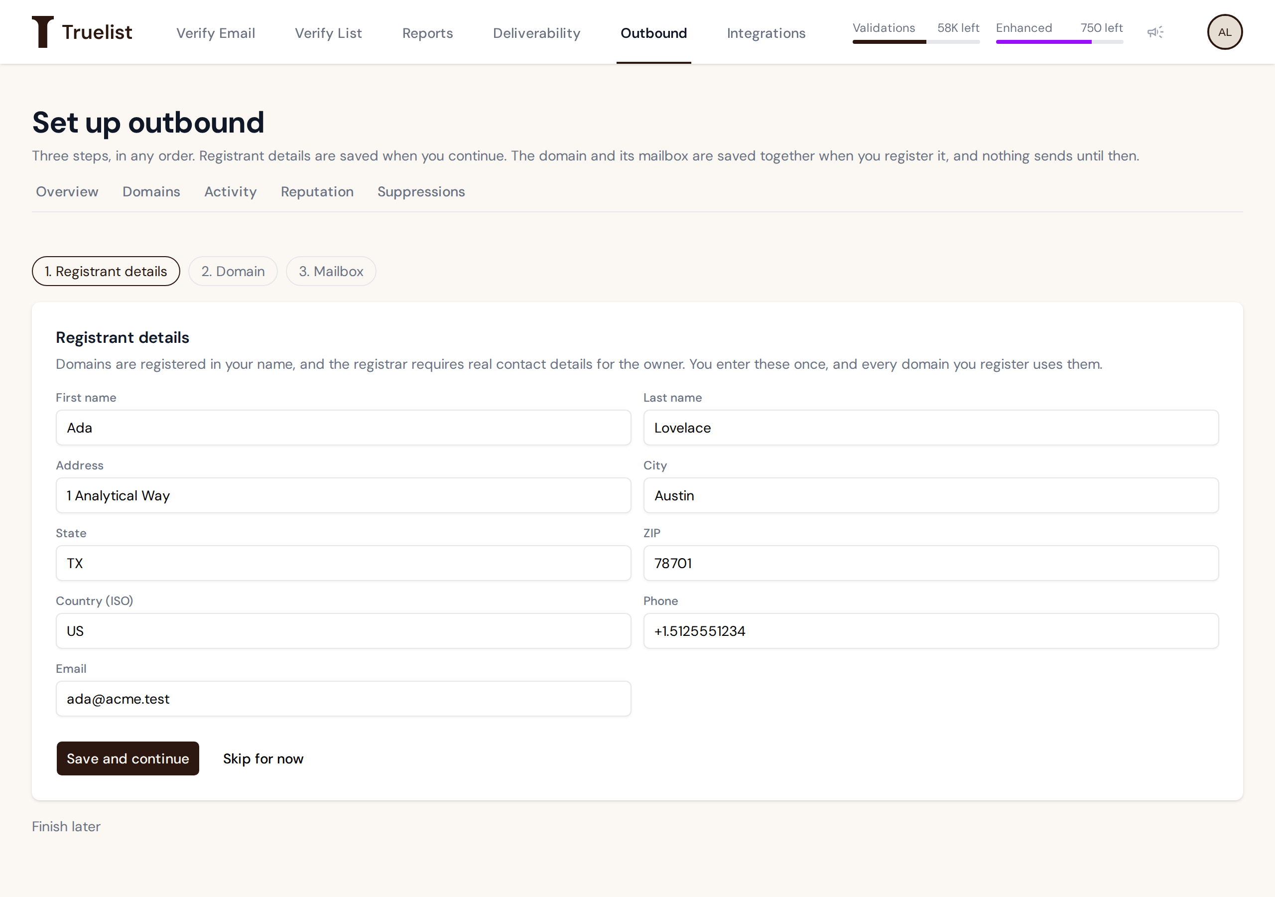 Setup step 1 with the registrant form filled in: name, address, phone, and email