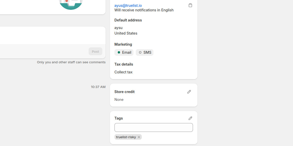 Shopify customer profile showing a truelist-risky tag