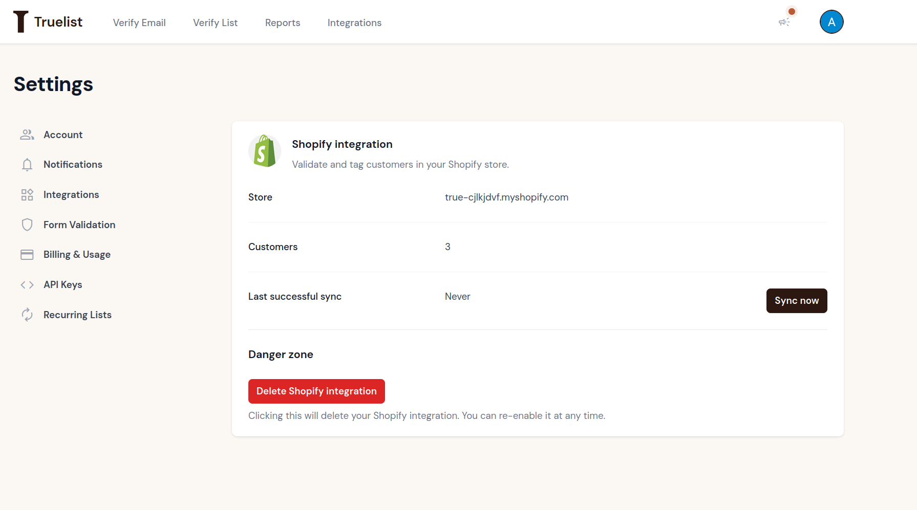 Truelist Shopify integration settings page showing store, customer count, and sync controls