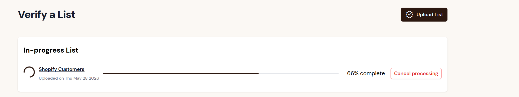 Shopify Customers list validating in progress in Truelist
