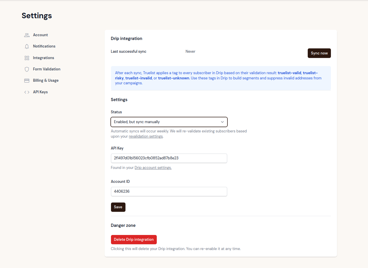 Drip integration settings page