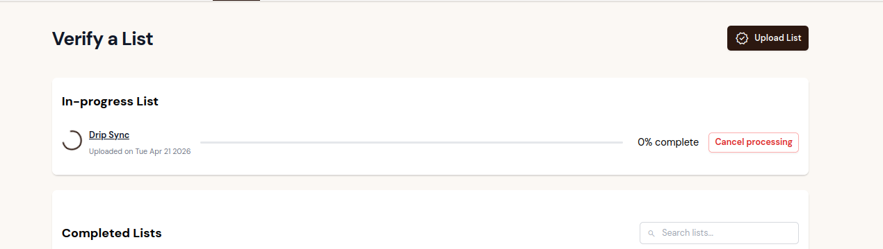 Drip sync in progress on the Verify a List page