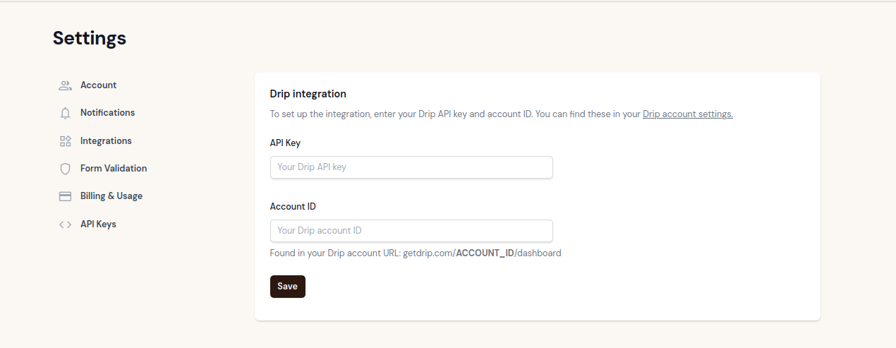 Drip integration setup form