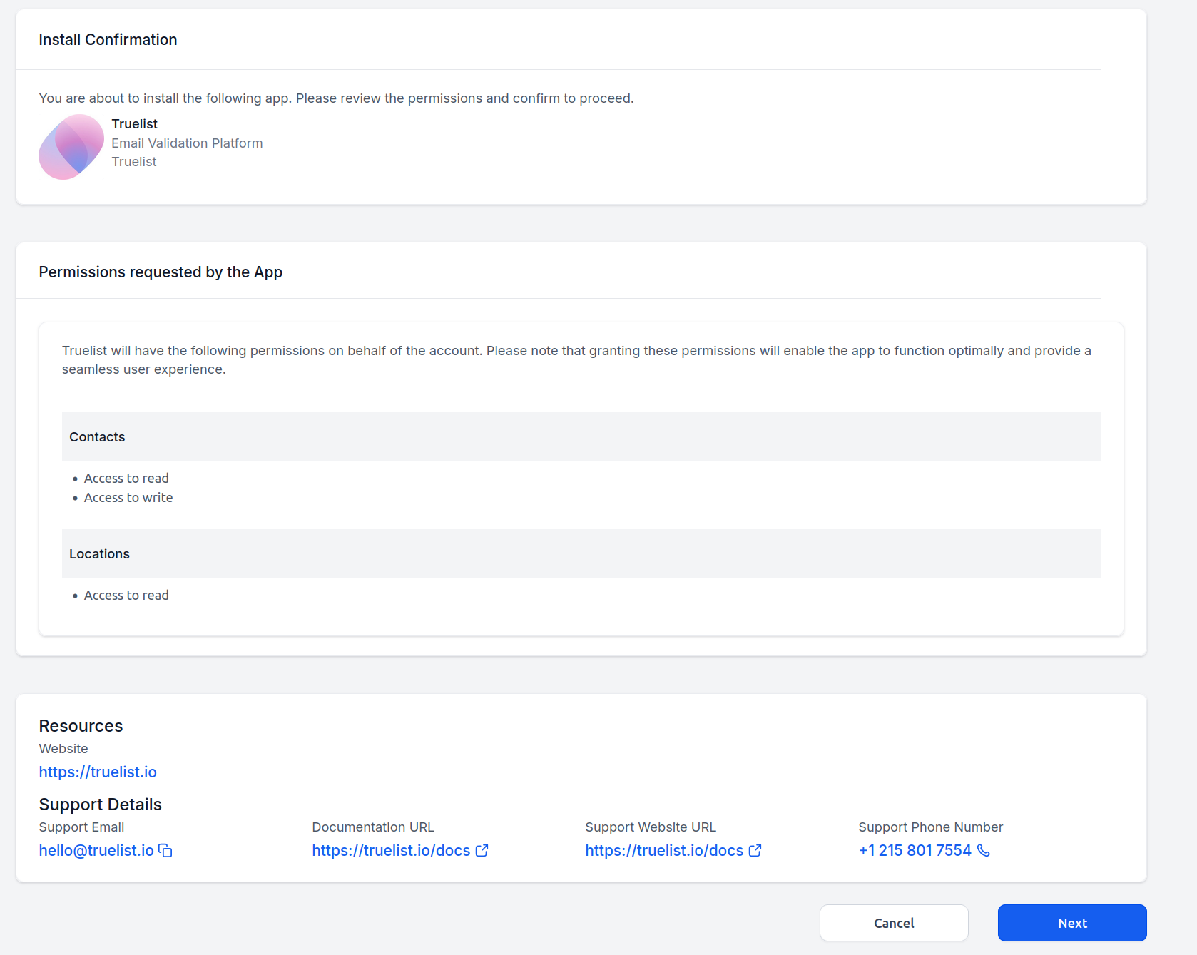 GHL Install Confirmation screen showing Truelist permissions
