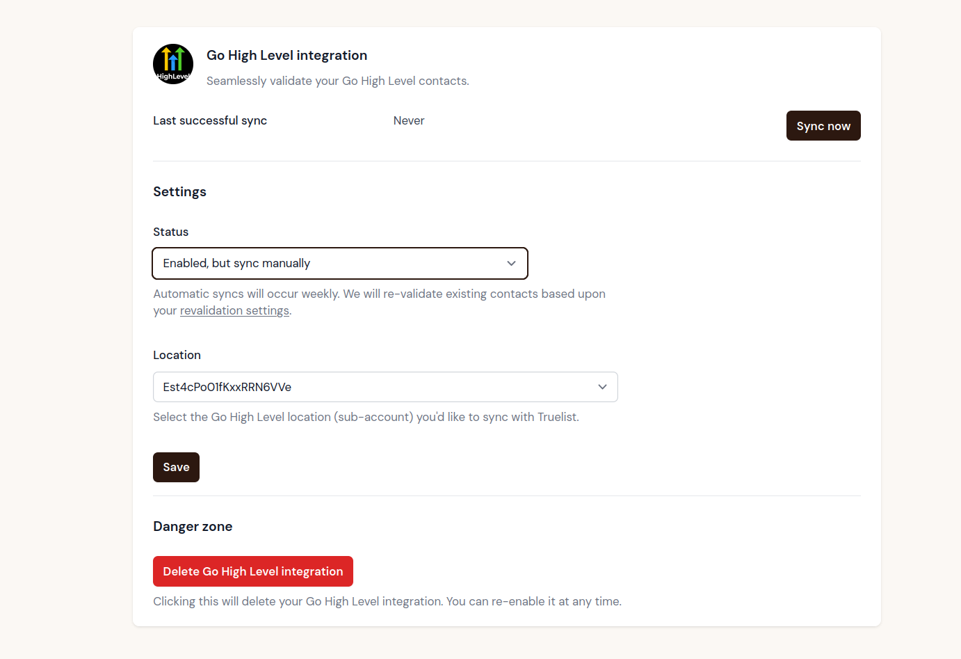 Go High Level integration settings page in Truelist