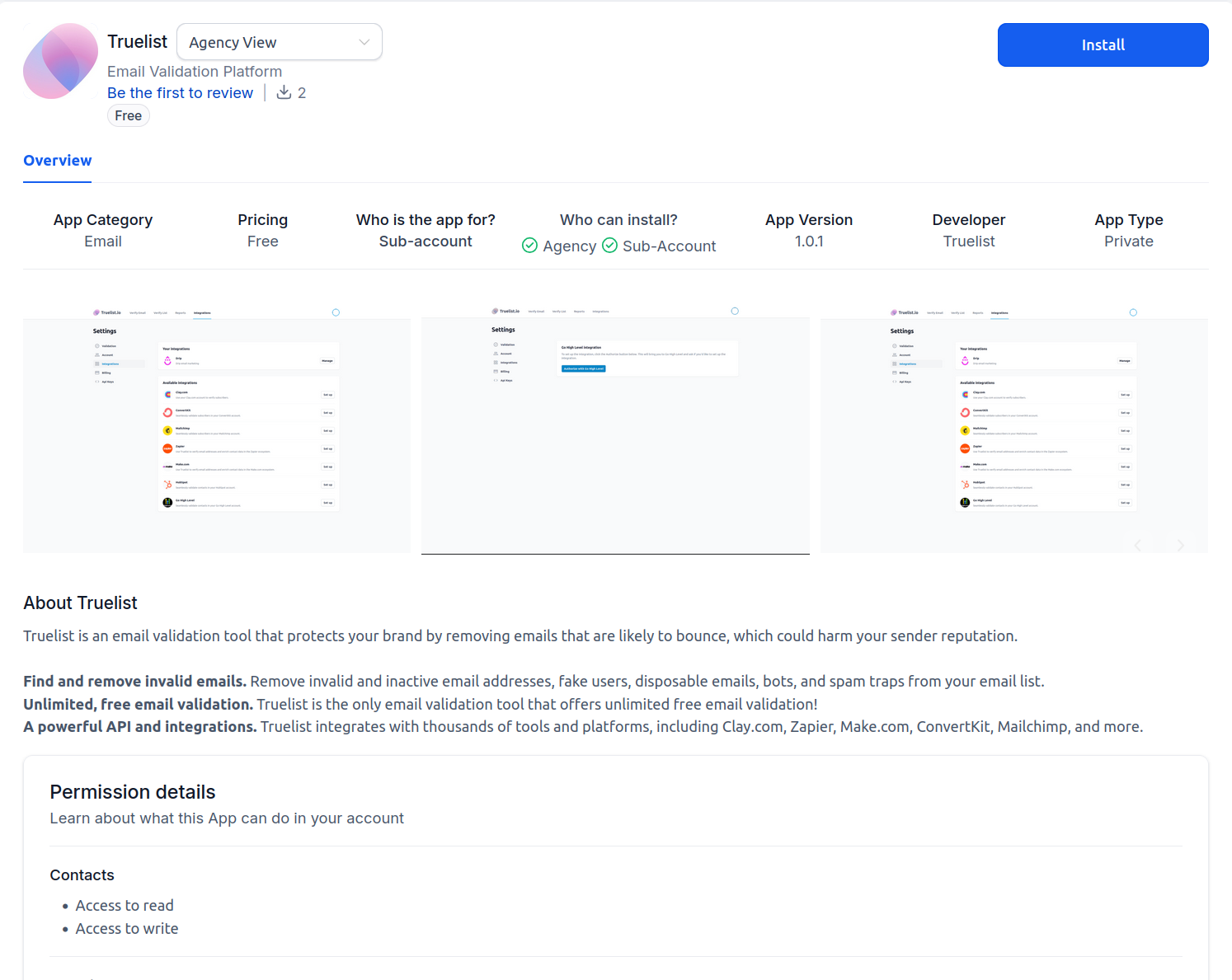 Truelist listing in the Go High Level App Marketplace