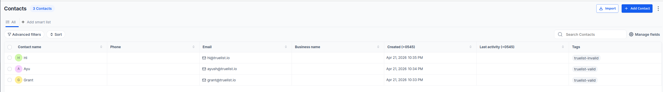 Go High Level contacts list showing truelist-valid and truelist-invalid tags